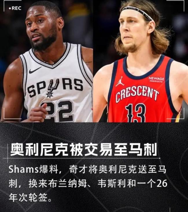 马刺奇才3换1交易达成：送走布兰纳姆韦斯利 引援奥利尼克辅佐文班